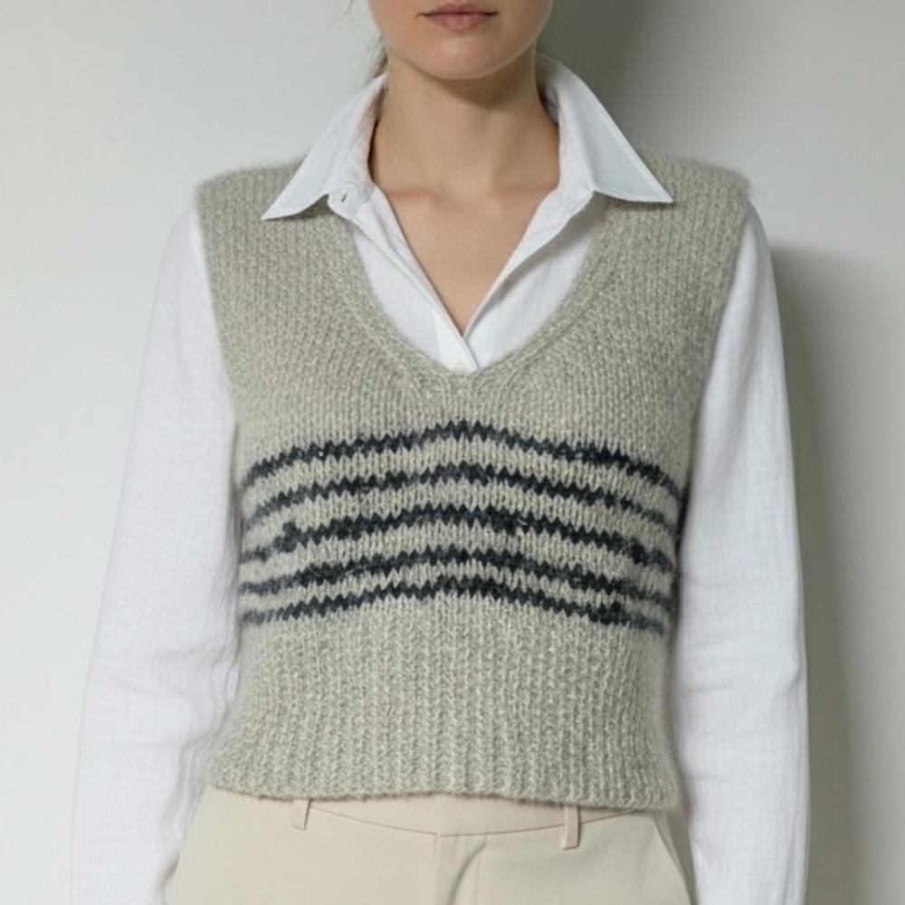 V-Neck Striped Knit Sweater Vest Handmade Shimmer Tinsel Vintage